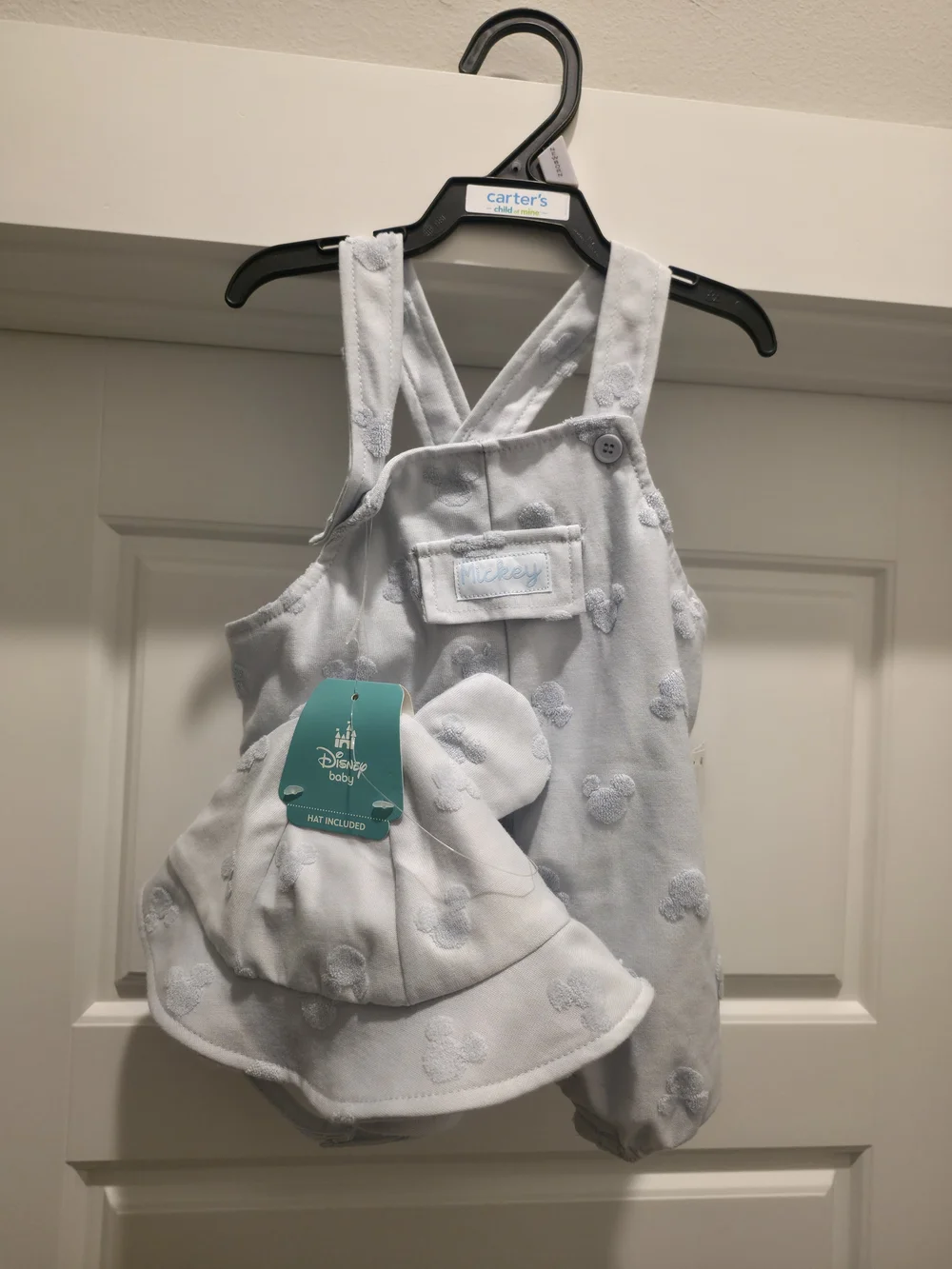 Disney Light Blue Mickey Embroidered Overall Set with Matching Bucket Hat